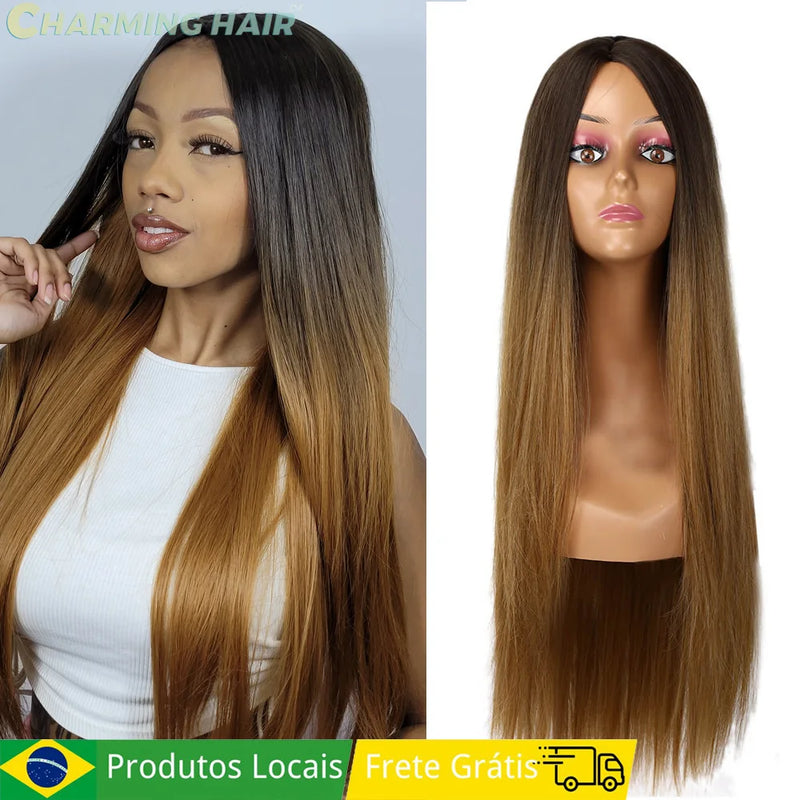 Peruca Longa Lisa Cabelo Fibra Orgânica Premium Sem Franja Preta Natural Colocação Fácil Desgaste Diário 70cm 260g "LIZA"-MODA