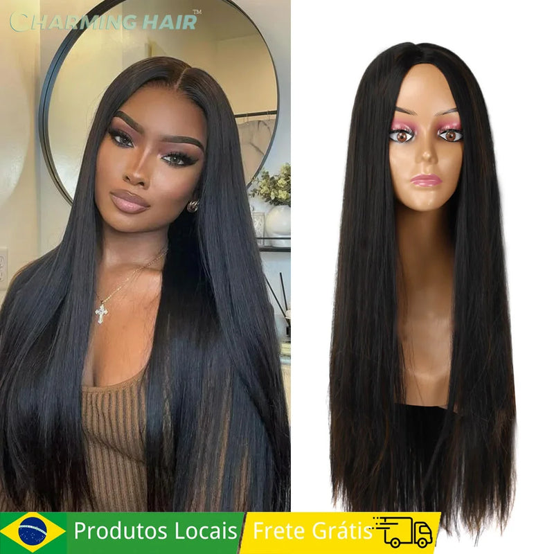 Peruca Longa Lisa Cabelo Fibra Orgânica Premium Sem Franja Preta Natural Colocação Fácil Desgaste Diário 70cm 260g "LIZA"-MODA