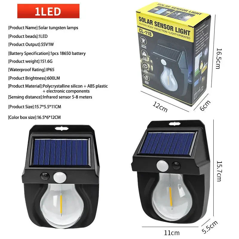 Solar Tungsten Motion Sensor Wall Light, Lâmpada LED, 3 modos de iluminação, luz solar impermeável, Energia Solar, ao ar livre,